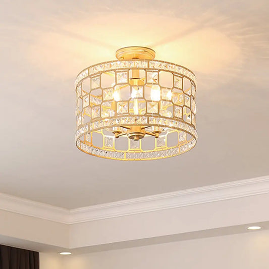DecorBites™ DecorBites™ Vintage Gold Crystal Semi Flush Ceiling Light - Hollowed Drum Design, 3/4 Heads, Embedded Fixtures