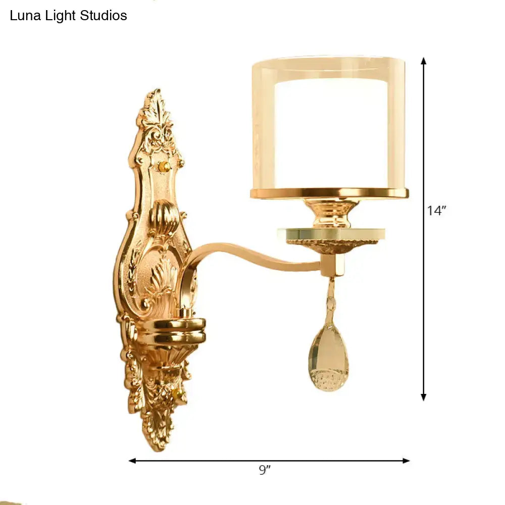 Vintage gold cylinder wall sconce with e12 e14 bulb base frosted glass shade and crystal pendant fixture type for bedroom