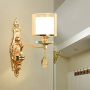 Vintage gold cylinder wall sconce with frosted glass shade crystal teardrop and e12 e14 bulb base fixture type