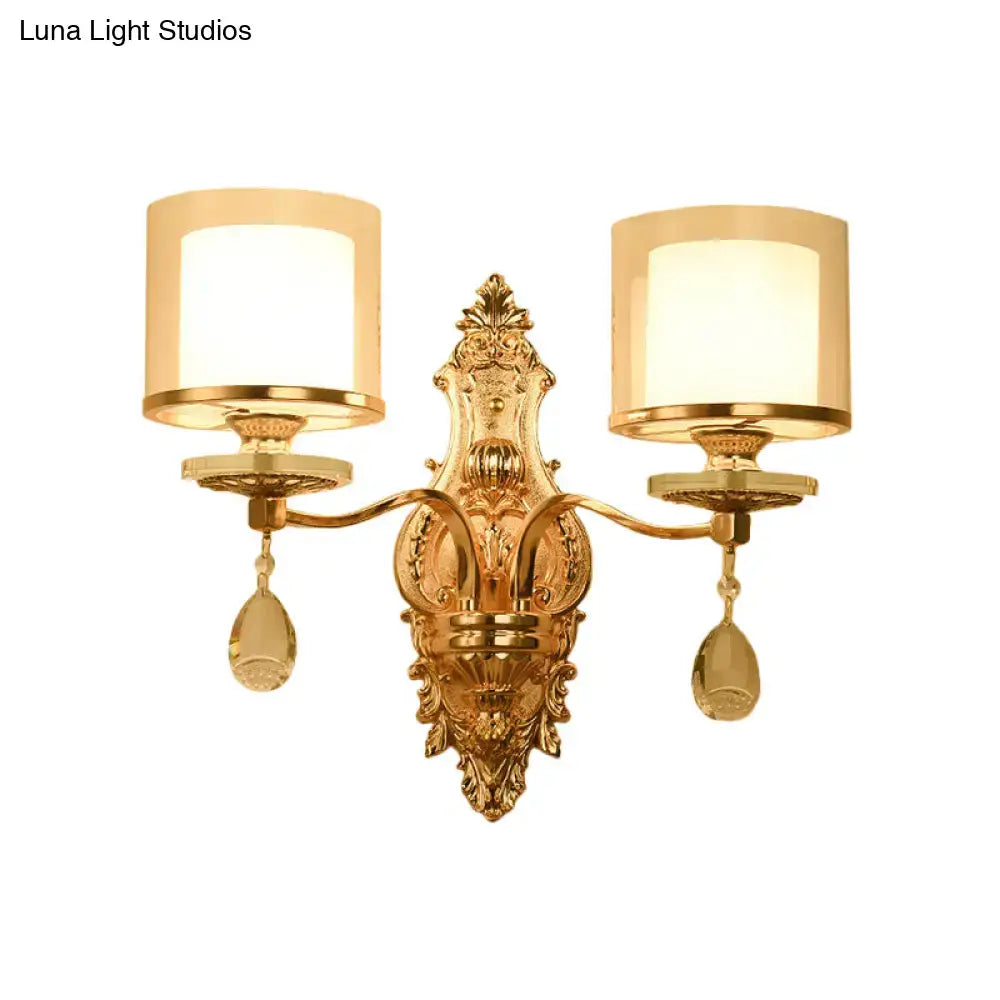 Vintage gold cylinder wall sconce with crystal pendants and frosted glass shades compatible with e12 e14 bulb base light type