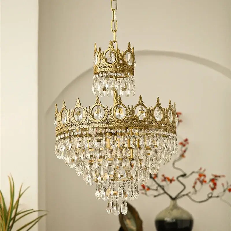 Vintage gold decorbites crown crystal chandelier with gold-toned crown design and clear crystal droplets for dining room light