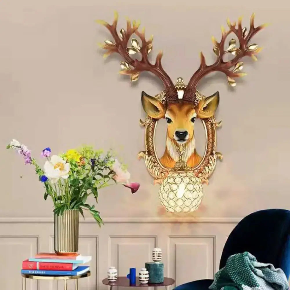 Vintage gold deer backplate wall sconce with ornate antlers and crystal globe lampshade e26 e27 light for bedroom