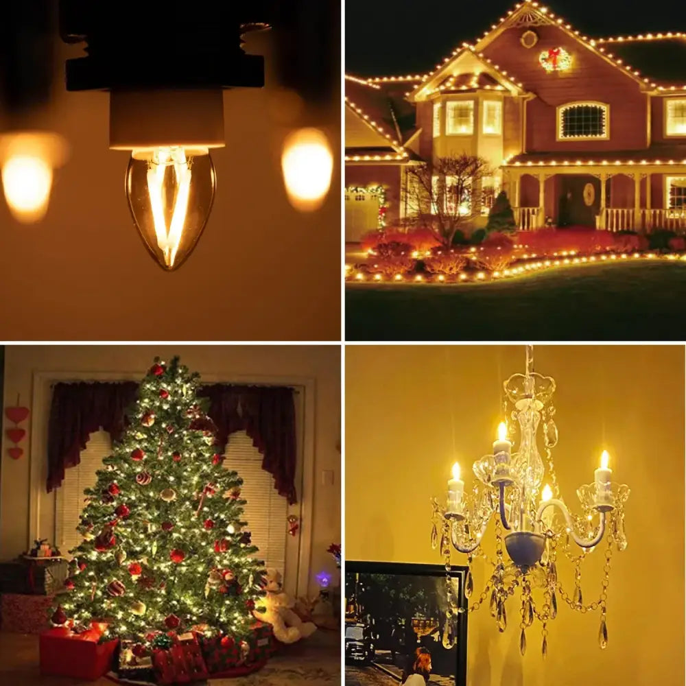 Warm-toned vintage gold dimmable led filament edison candle light bulb with clear glass pear casing and visible filament