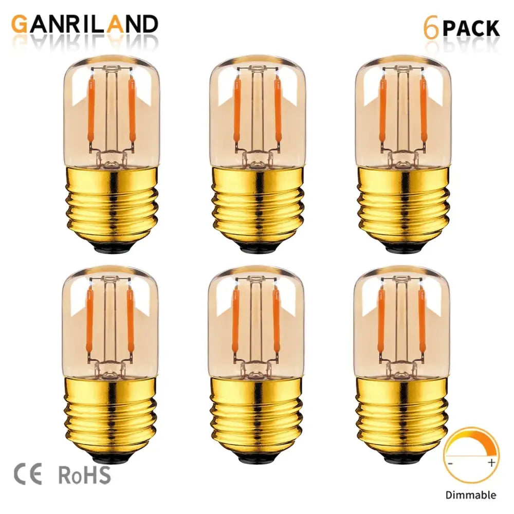 Six-pack of ganriland dimmable vintage gold led tubular bulbs with amber glass and gold screw bases for bedroom lighting