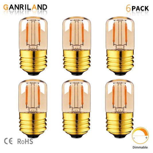 Six-pack of ganriland dimmable vintage gold led tubular bulbs with amber glass and gold screw bases for bedroom lighting