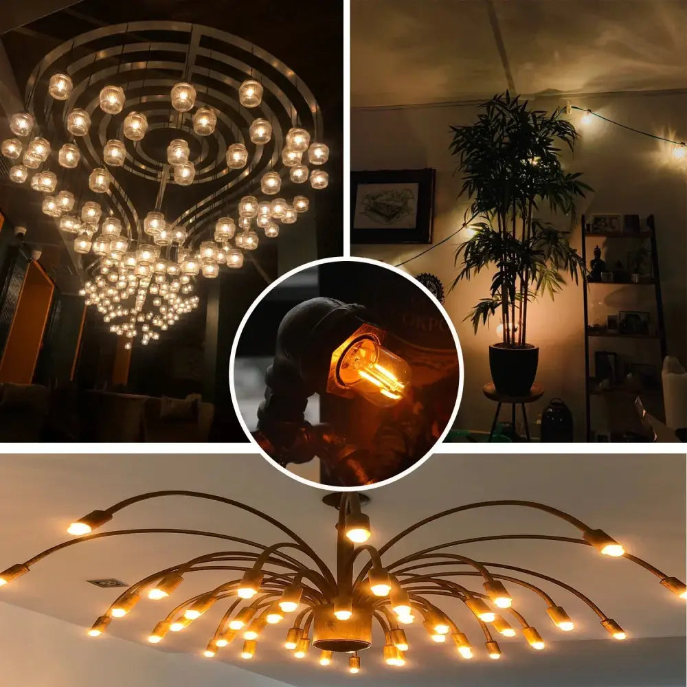 A warm glowing vintage gold dimmable led tubular bulb with clear glass and visible filament for bedroom lighting