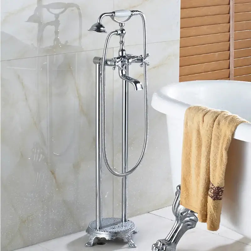 Chrome-finished vintage gold dual handle clawfoot bathtub shower faucet with ornate base for decorbites dual handle control