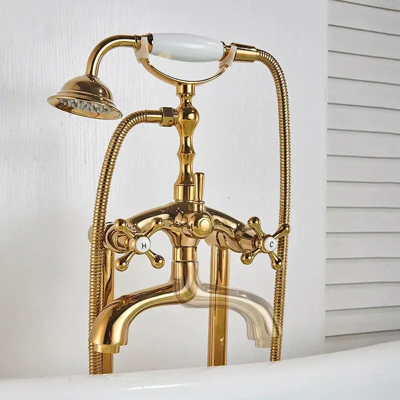 Vintage gold dual handle clawfoot bathtub shower faucet with white ceramic handle and h c knobs by decorbites dual handle