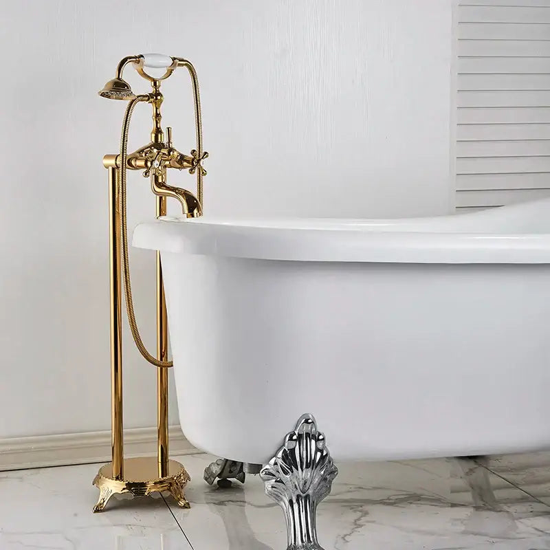 Vintage gold dual handle clawfoot bathtub shower faucet with ornate polished brass decorbites dual handle mixer