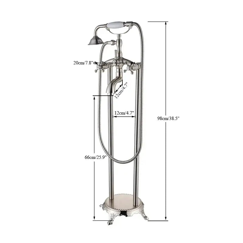 Antique-style chrome freestanding bathtub shower faucet with curved showerhead and dual handle clawfoot decorbites design