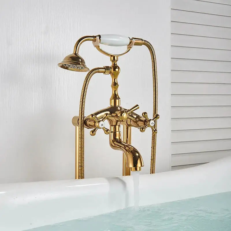 Vintage gold dual handle clawfoot bathtub shower faucet with white ceramic handle and braided hose showerhead by decorbites