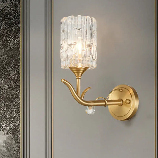 Vintage gold finish wall sconce with clear glass faceted crystal shade and ornate curved arm for corridor 220v-240v