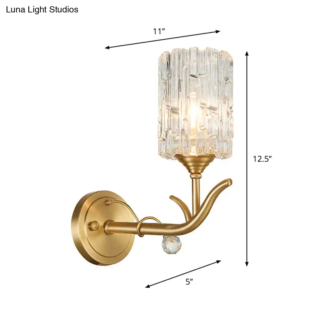 Vintage gold finish clear glass wall sconce with textured crystal shade and ornate branch-like arm for corridor 220v-240v