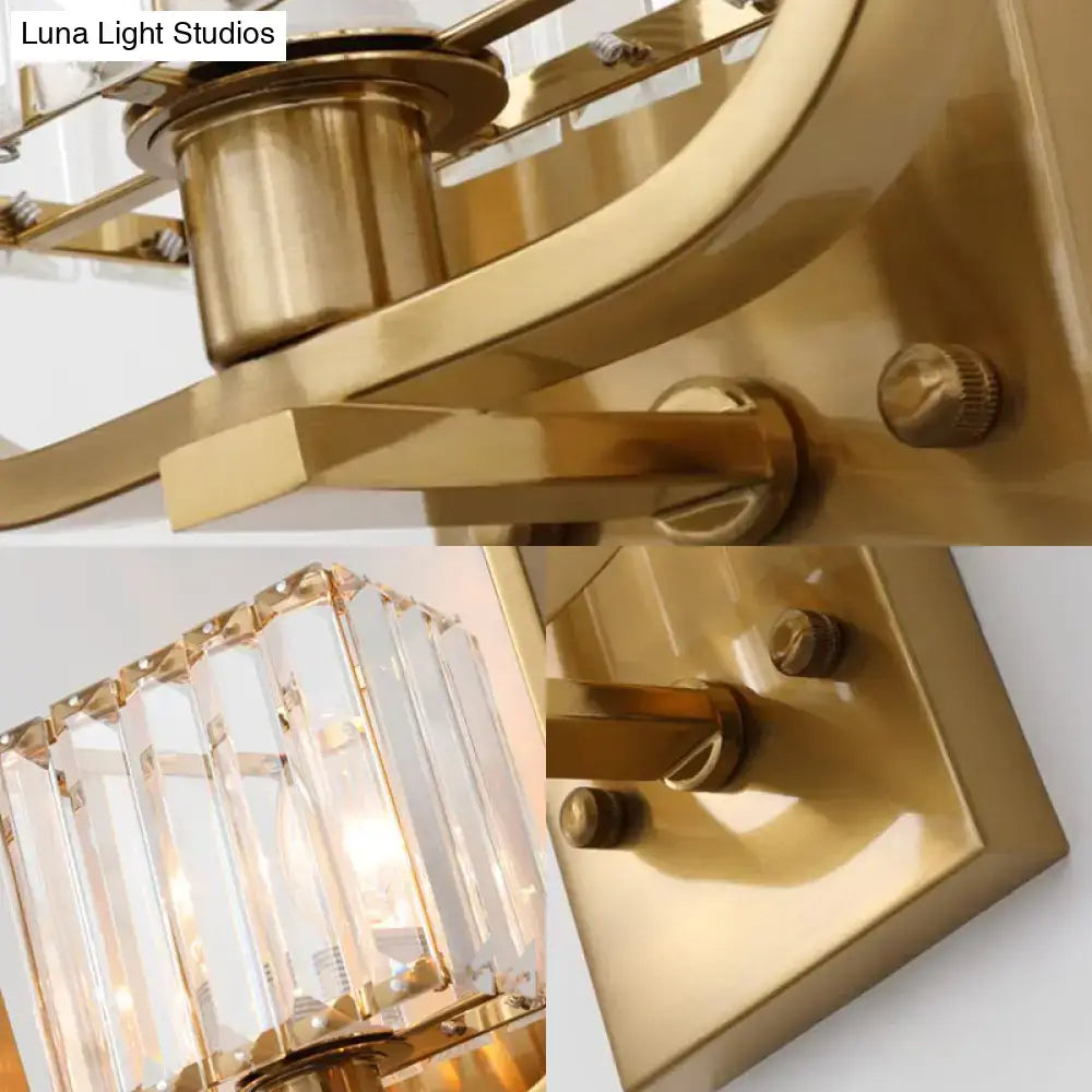 Vintage metal wall sconce with gold finish and crystal shade designed for elegant bedroom lighting