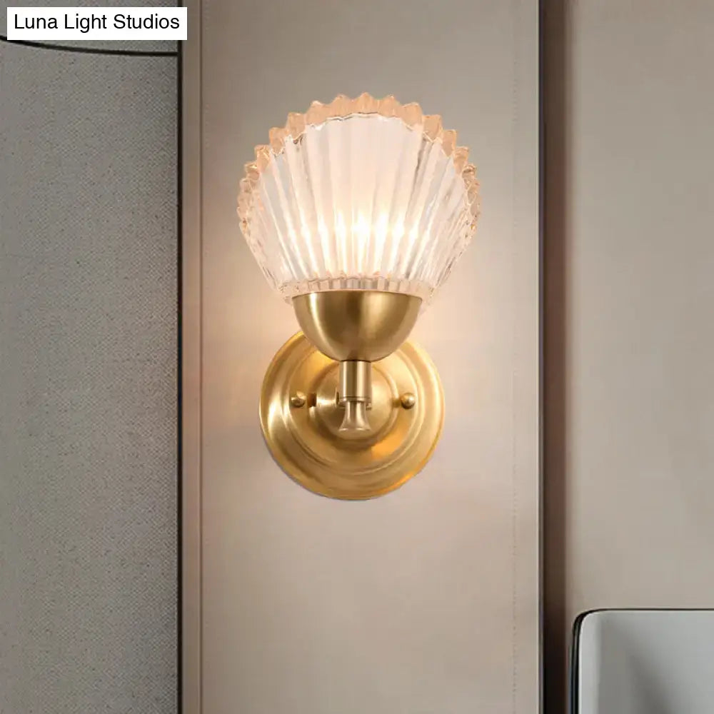 Gold finish wall lamp with frosted translucent fluted glass shade vintage shell design for bedroom lighting