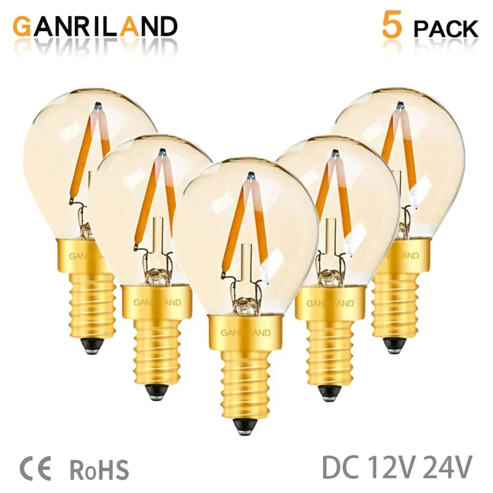 Five amber vintage-style glass led filament bulbs with gold-toned bases for outdoor camping light use