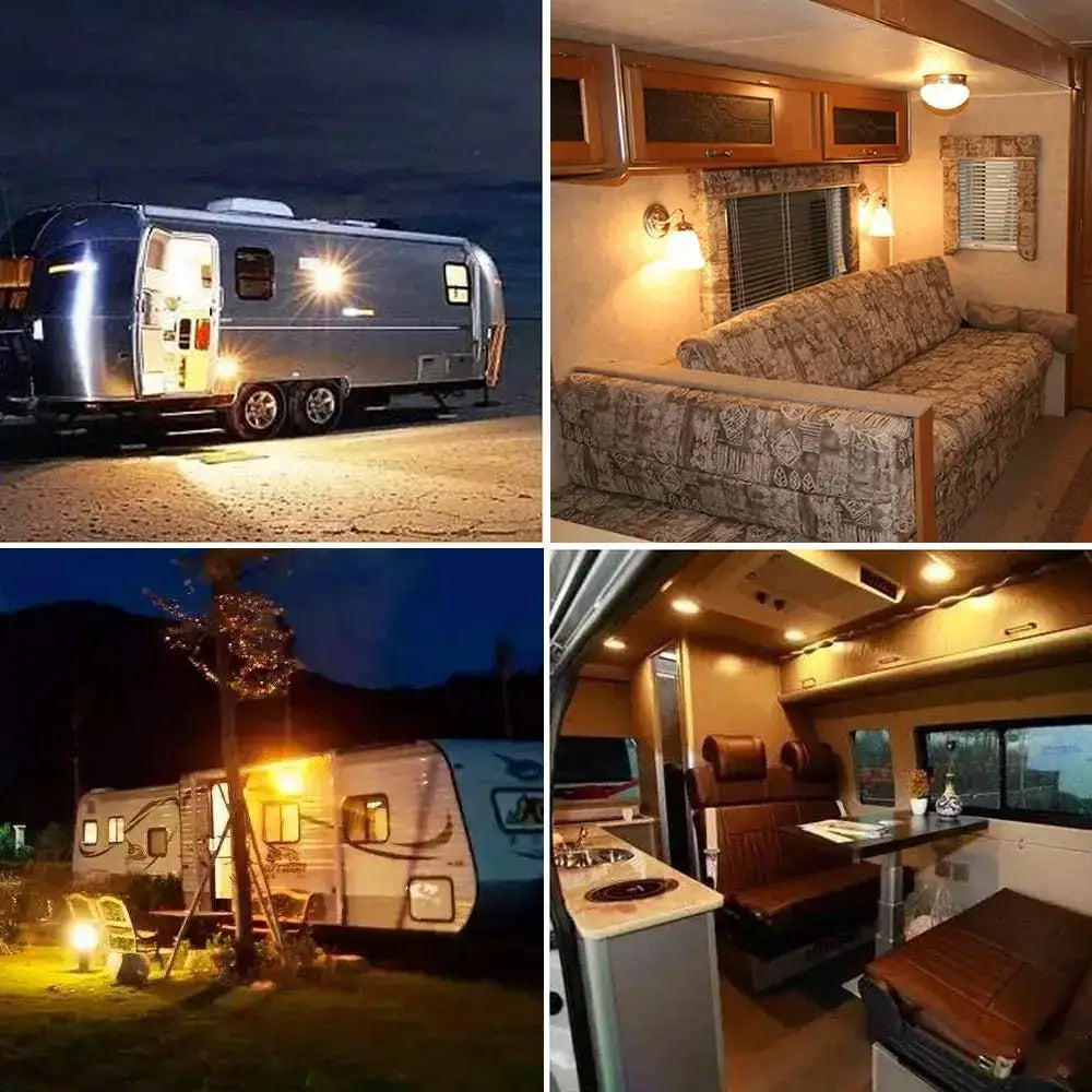 Shiny silver airstream travel trailer with sleek aerodynamic design and illuminated windows next to vintage gold glass led filament bulb outdoor camping light