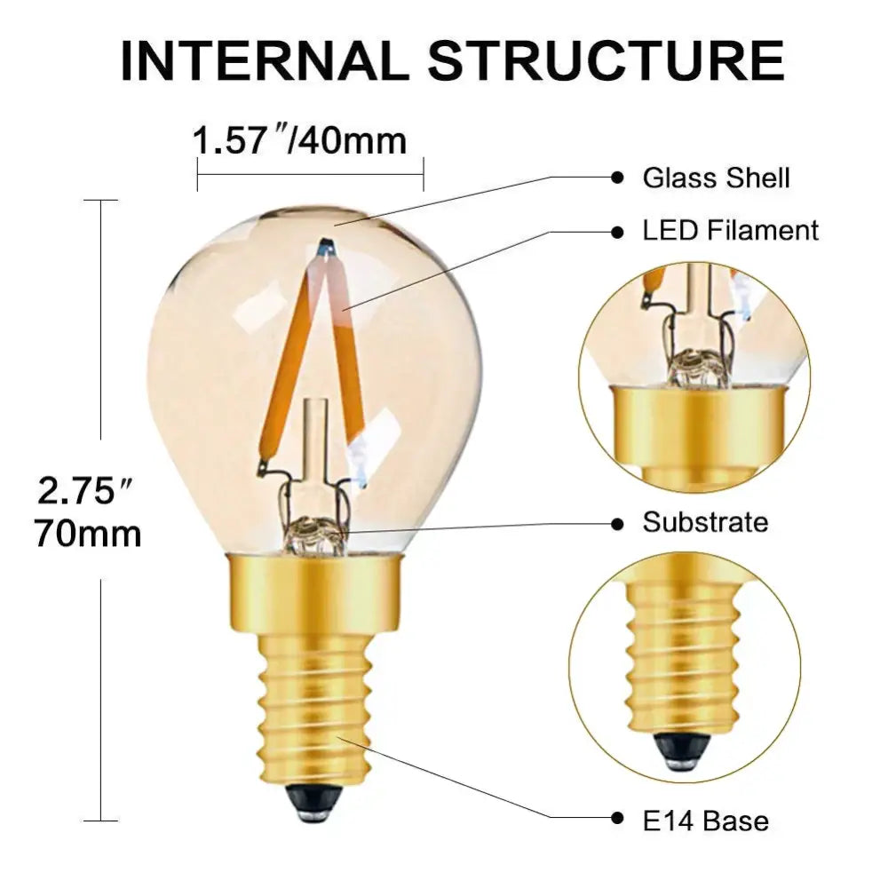 Warm-toned vintage gold glass led filament bulb with brass e14 base for outdoor camping light use