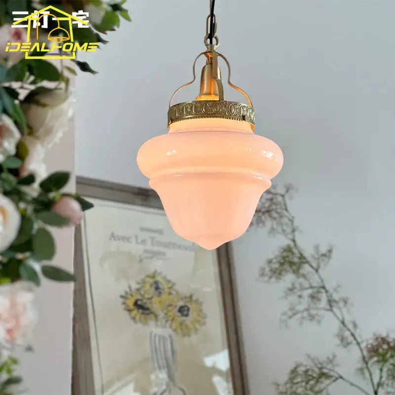 Vintage gold lustre glass pendant light with soft peach glass shade and ornate brass hardware for dining room decorbites gold lustre