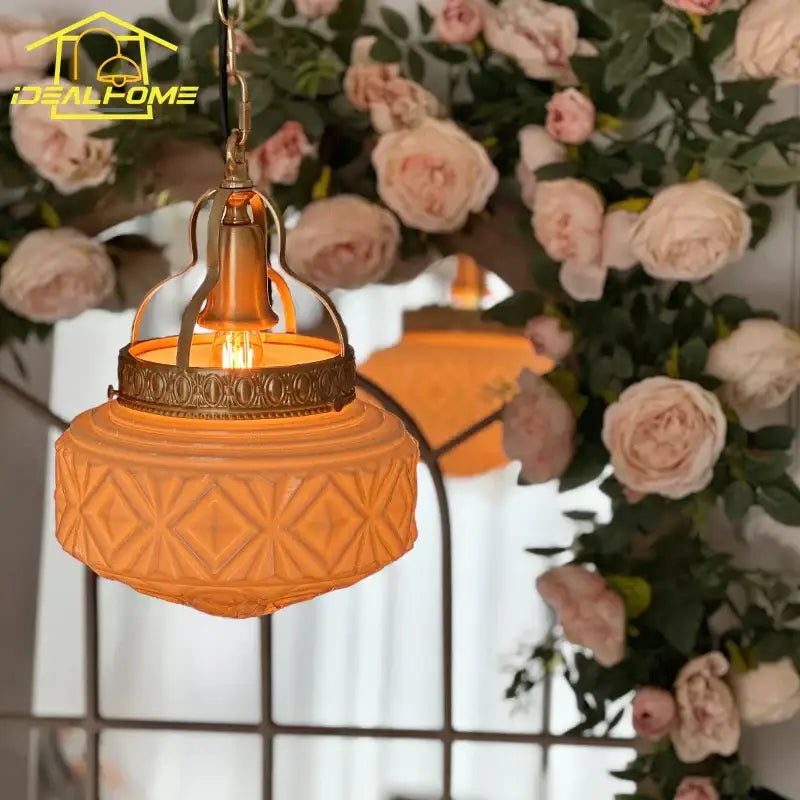 Vintage gold lustre glass pendant light with warm amber embossed glass and brass frame for dining room decorbites gold lustre