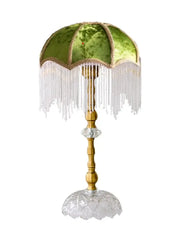 Vintage gold lustre tassel table lamp with green velvet shade, gold trim, and crystal accents for bedroom decorbites gold lustre