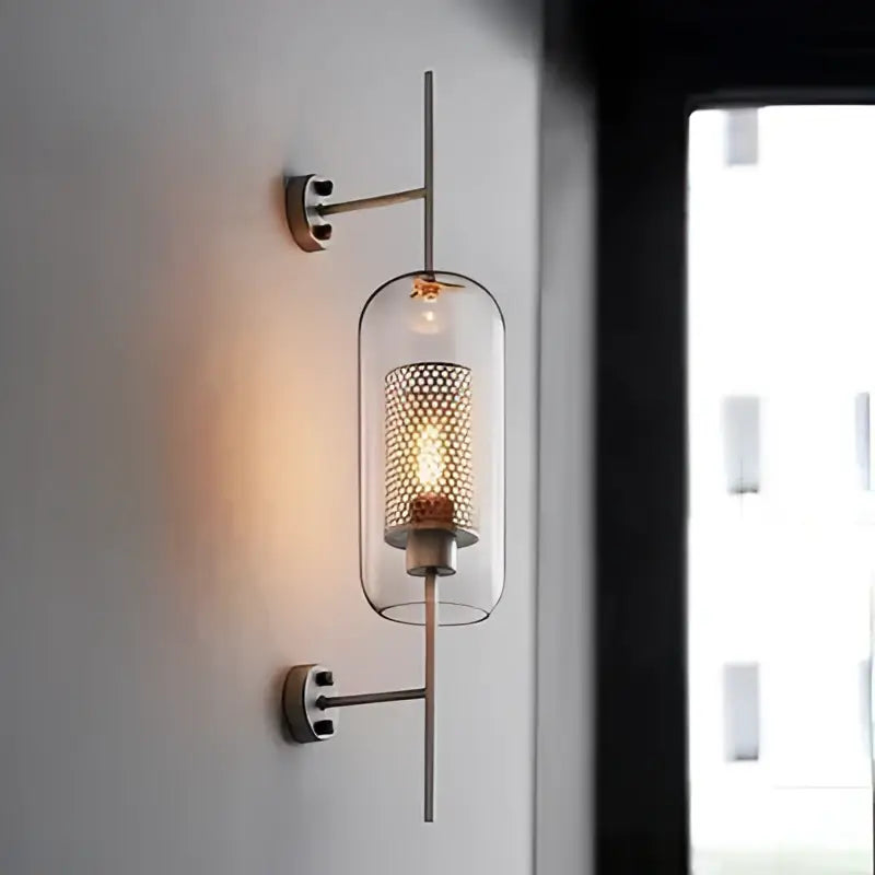 Vintage gold mesh led wall sconce with clear glass cylinder and exposed filament bulb for bedroom decorbites led wall light