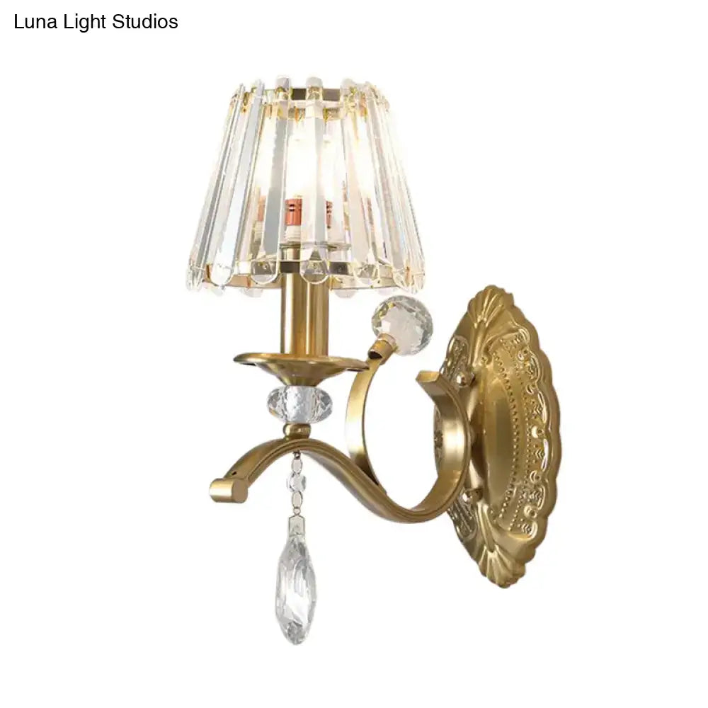 Vintage gold metallic wall lamp with crystal fringe shade and dangling teardrop crystals for elegant bedroom lighting