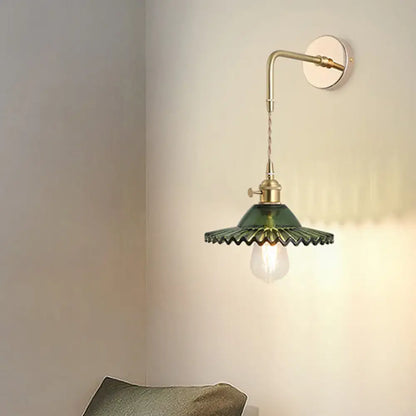 DecorBites™ vintage single-bulb bedside wall light with brass arm and dark green shaded glass wall fixture