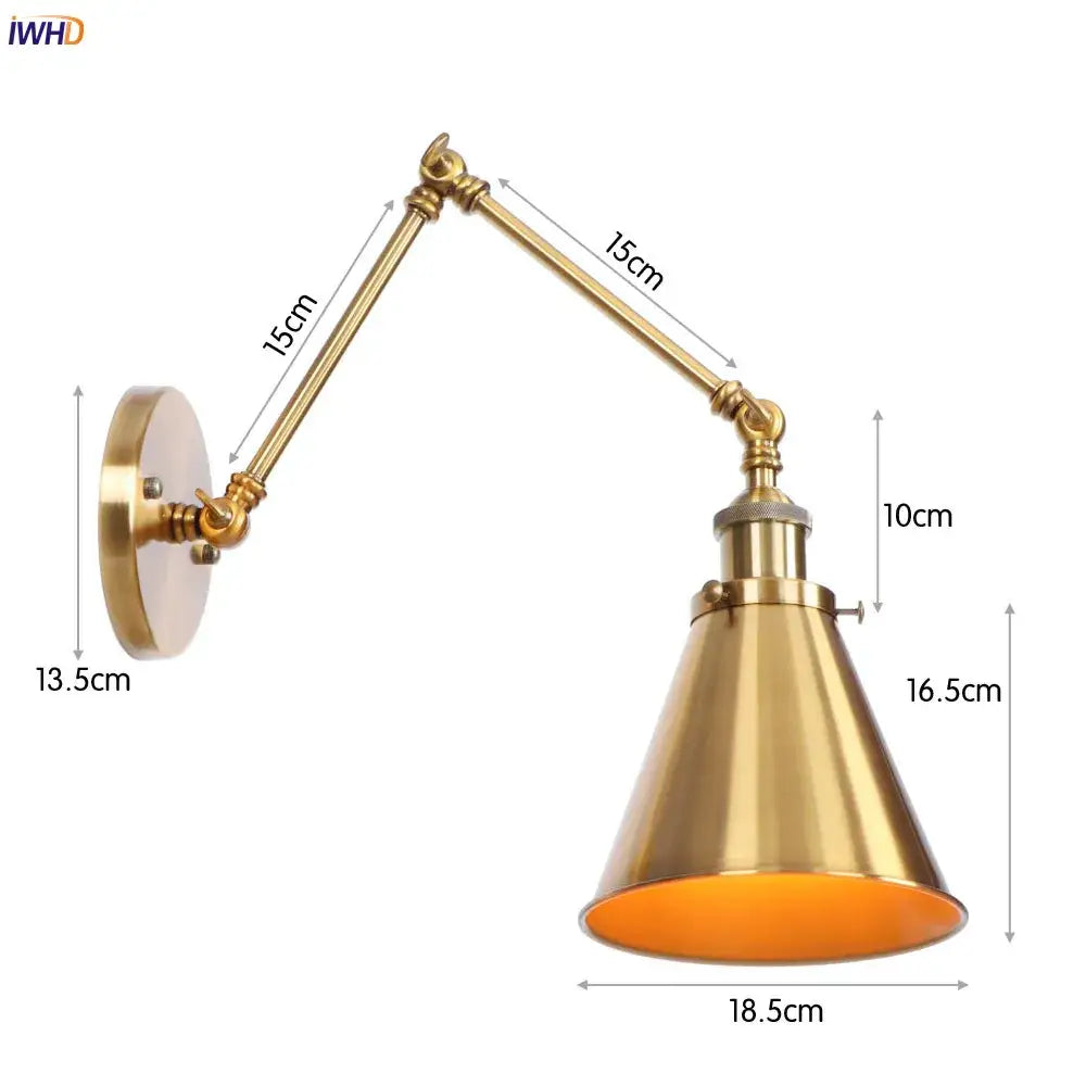 Vintage gold swing arm wall lamp with brass finish and orange interior conical shade for bedroom lighting