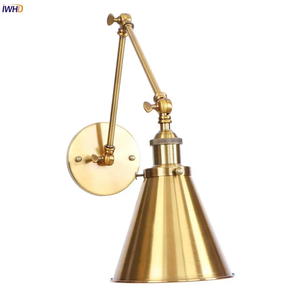 Brass-finished vintage gold swing arm wall lamp with conical shade and adjustable articulated arm for bedroom use