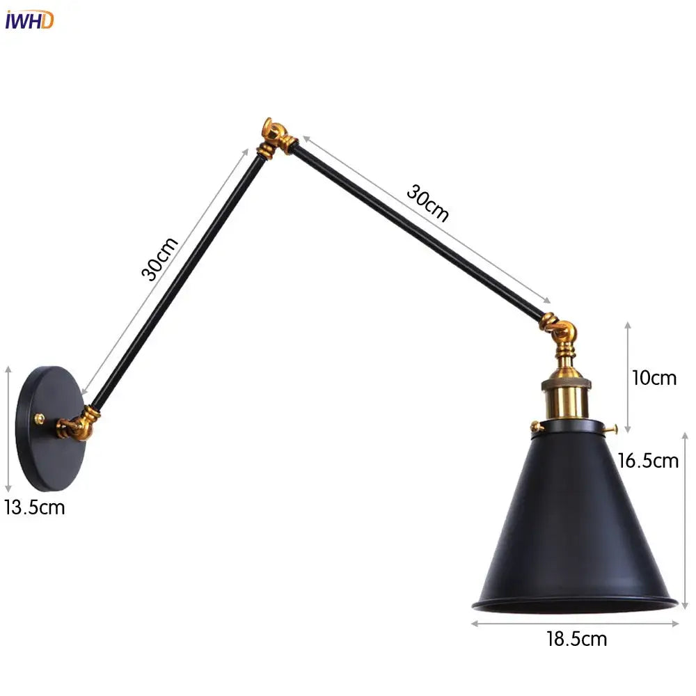 Black matte industrial wall lamp with brass accents and adjustable swing arm for vintage gold brass sconce style