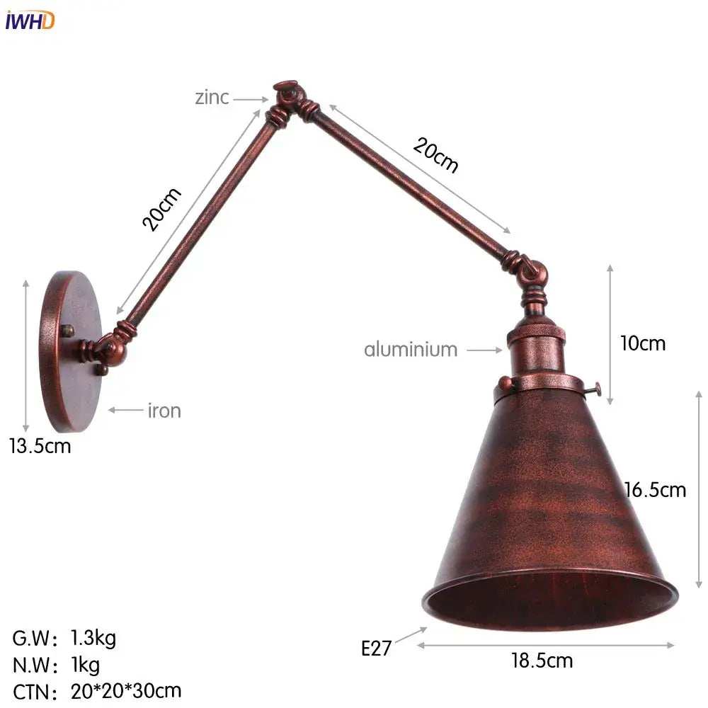 Vintage gold swing arm wall lamp with copper finished metal body and adjustable conical shade for industrial style lighting