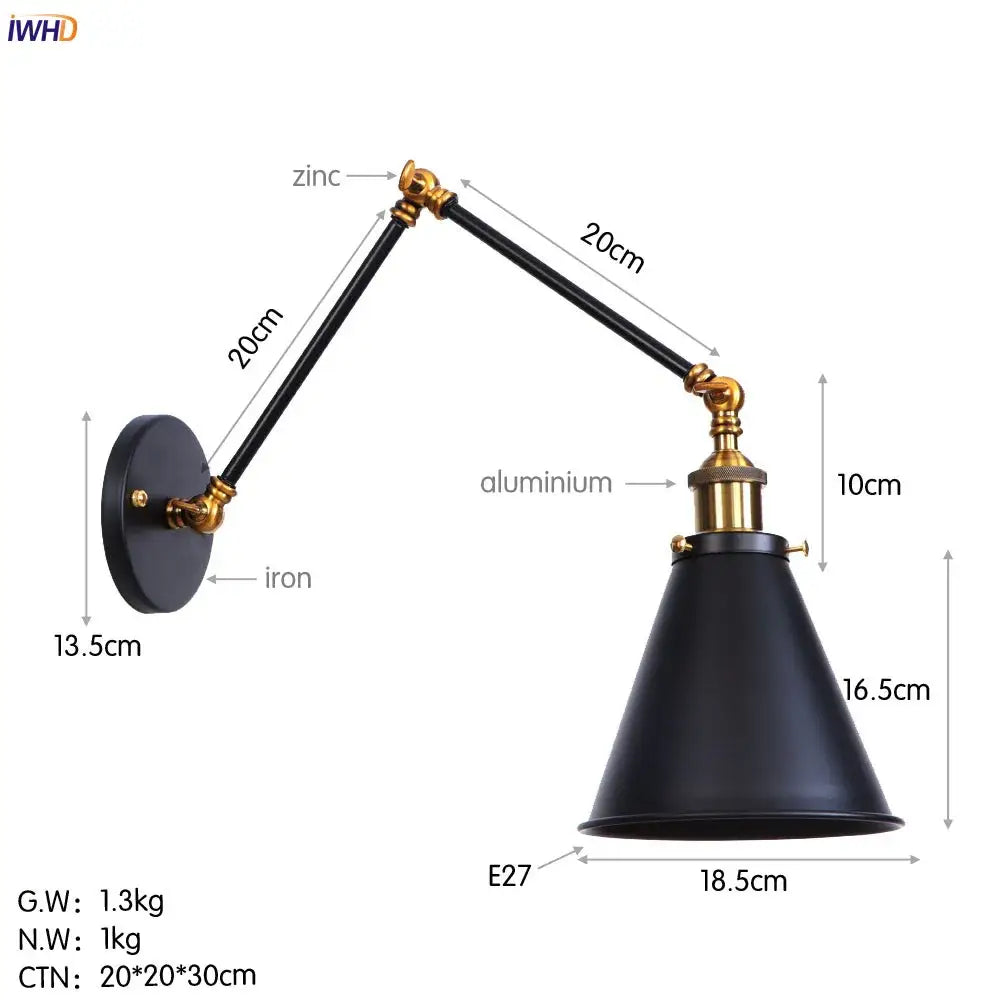 Vintage gold swing arm wall lamp with black conical shade, brass accents, and adjustable zinc aluminum iron arm