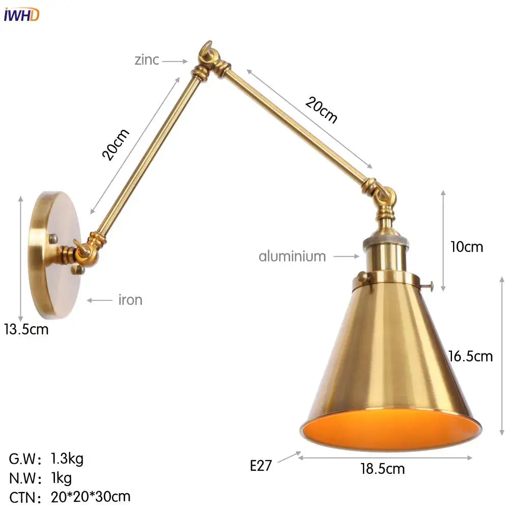 Brass-finished vintage gold swing arm wall lamp with conical shade and articulated arm for industrial bedroom use