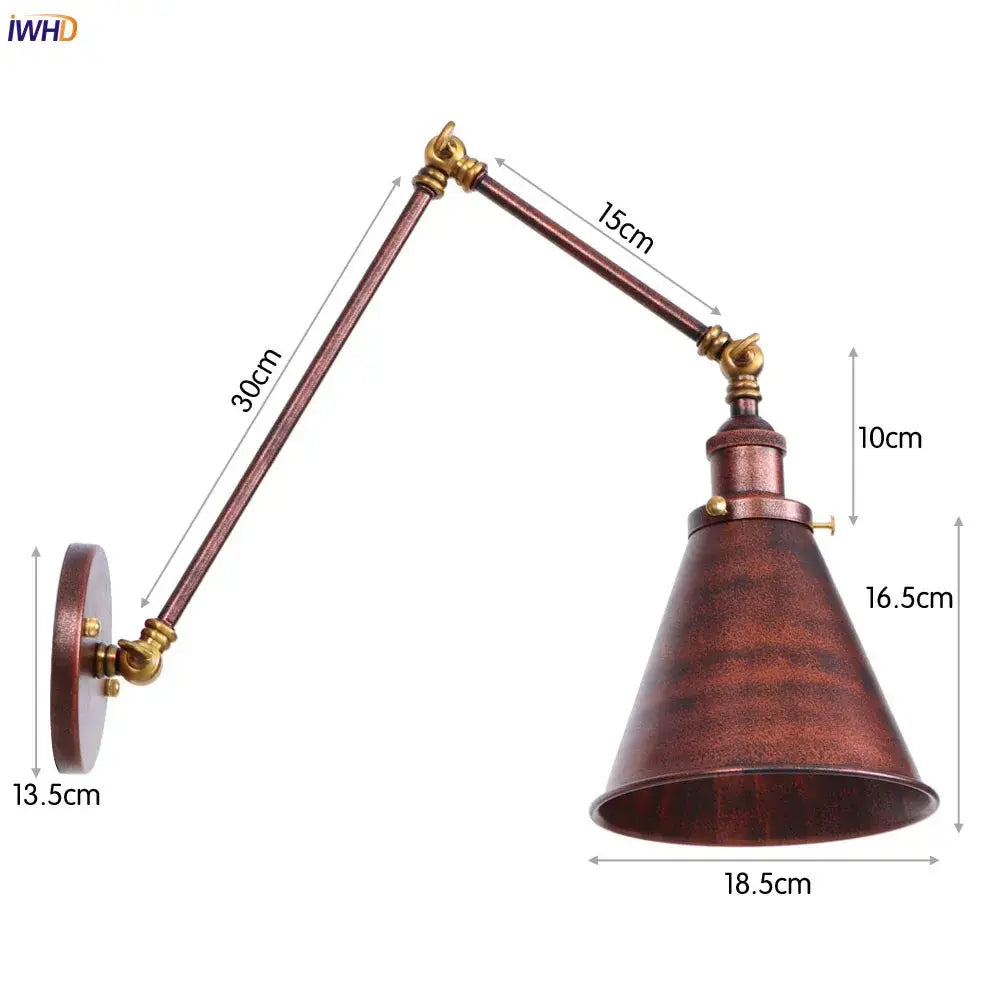 Vintage gold swing arm wall lamp with copper finish brass accents and conical shade for industrial bedroom lighting