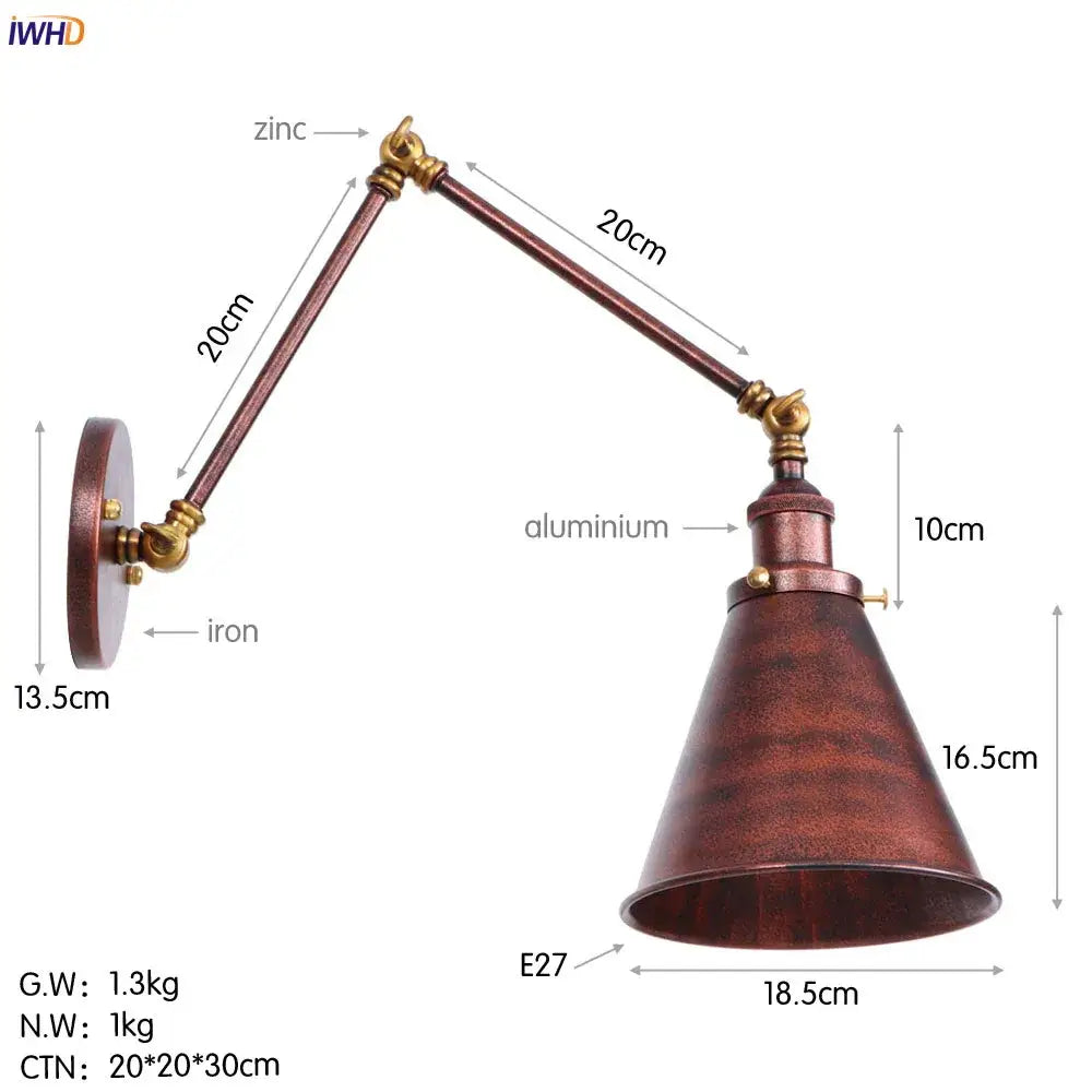 Vintage gold swing arm wall lamp with copper conical shade and zinc aluminum iron articulated arm for bedroom use