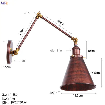 Vintage gold swing arm wall lamp with copper conical shade and zinc aluminum iron articulated arm for bedroom use