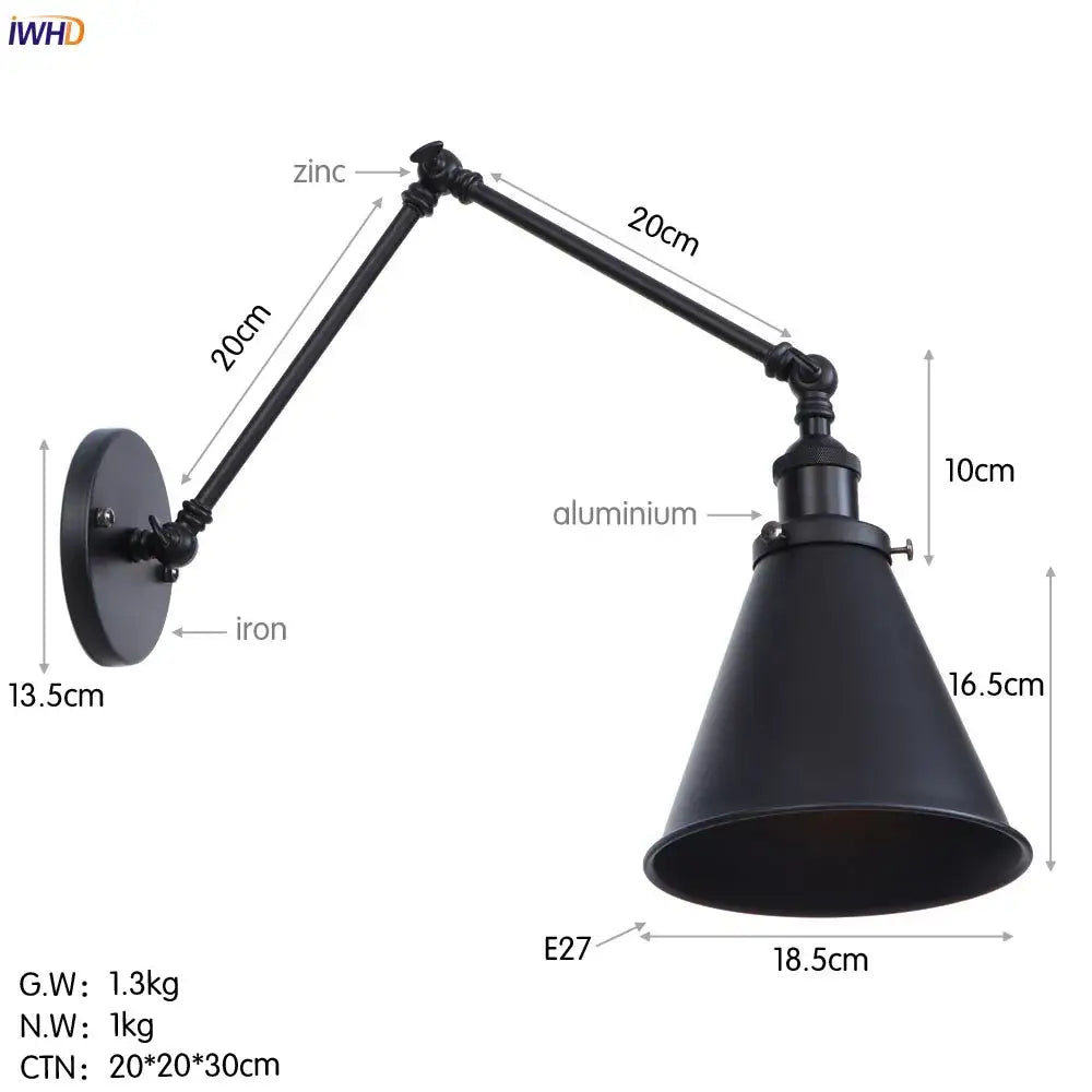 Black industrial-style swing arm wall lamp with articulated arm and conical shade for vintage brass sconce design