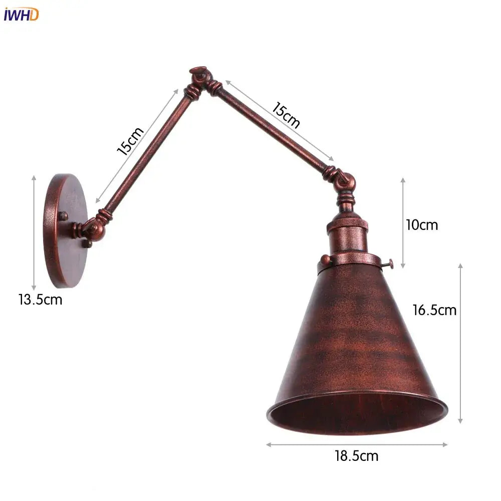 Vintage gold bronze-finished swing arm wall lamp with adjustable conical shade for industrial bedroom lighting
