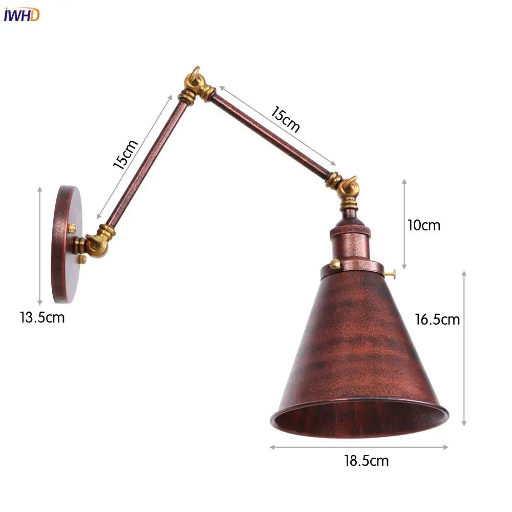 Antique bronze finish swing arm wall lamp with brass joints and conical shade for vintage industrial bedroom decor