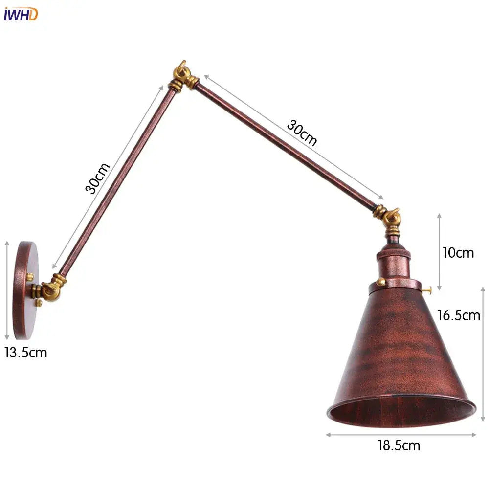 Antique brass-finished vintage gold swing arm wall lamp with adjustable conical shade for industrial bedroom use