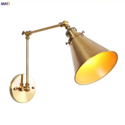 Brass-finished vintage gold swing arm wall lamp with conical shade for bedroom industrial arm wall lamp use