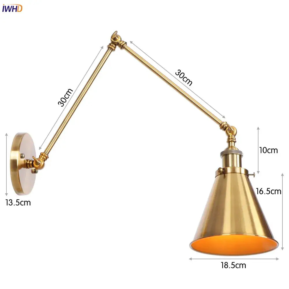 Brass-finished vintage gold swing arm wall lamp with adjustable conical shade and articulated arm for bedroom use