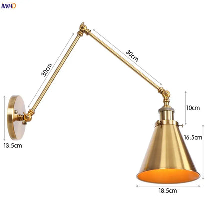 Brass-finished vintage gold swing arm wall lamp with adjustable conical shade and articulated arm for bedroom use