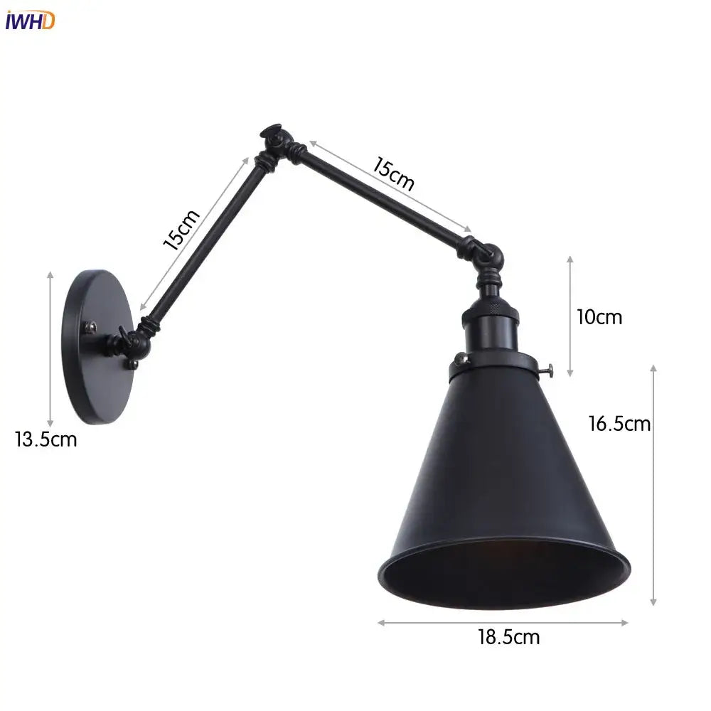 Black matte industrial-style swing arm wall lamp with articulated brass arm and conical shade for vintage bedroom use