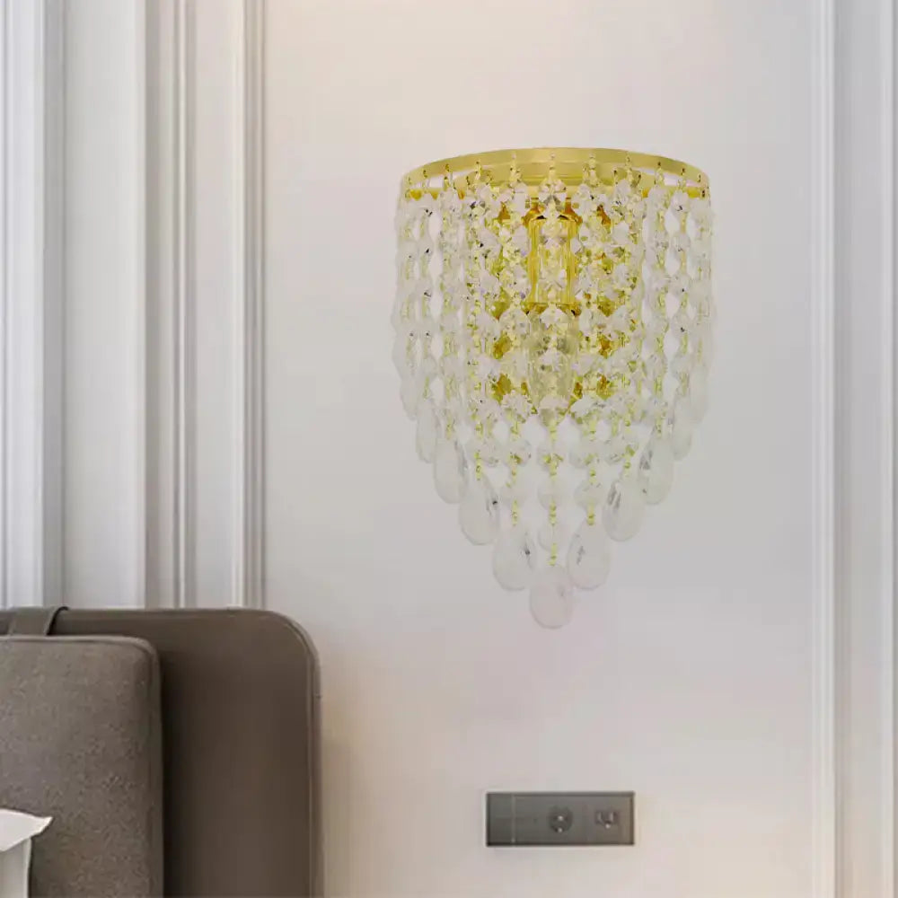 Vintage gold tapered wall mount bedroom light with clear crystal draping suitable for 110v-120v and 220v-240v use