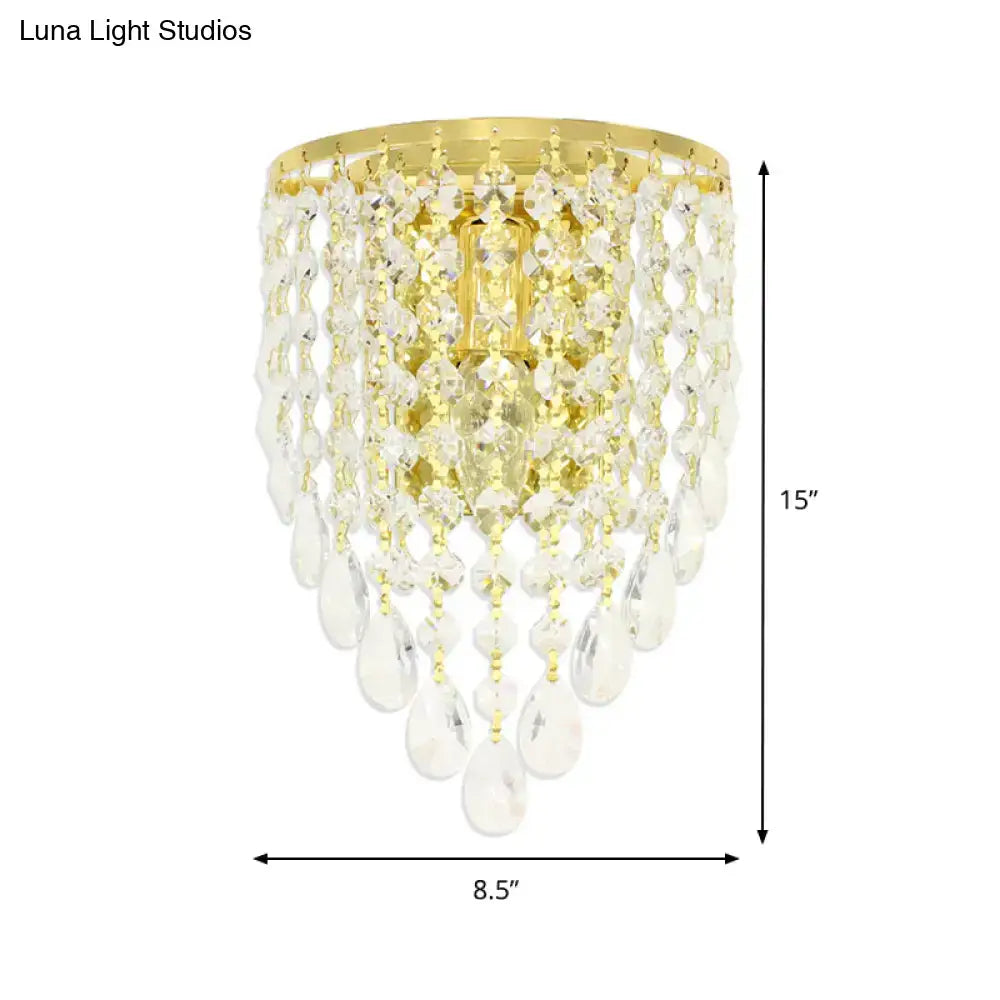 Vintage gold tapered wall mount bedroom light with clear crystal draping and a 15 inch gold finished crystal chandelier compatible with 110v-120v and 220v-240v