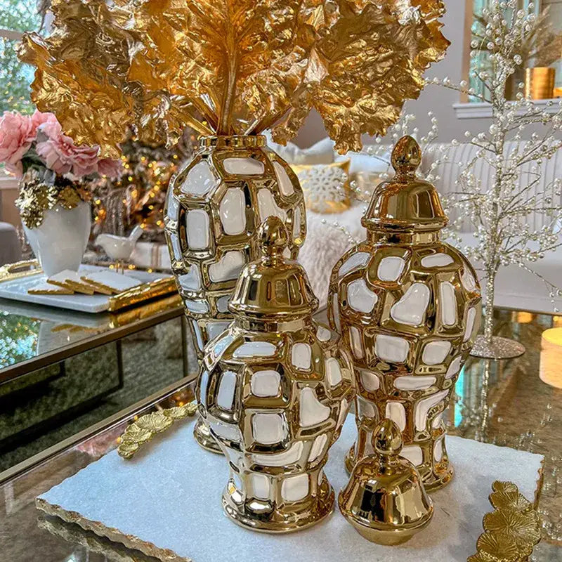 Vintage gold and white gold plaid ceramic general jars with geometric pattern and ornate lids for living room decorbites decorbites gold plaid