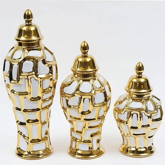Set of three gold plaid ceramic general jars with white and gold geometric lattice pattern for living room decorbites decor