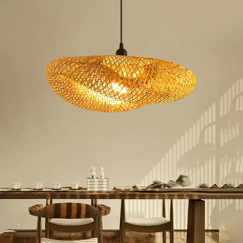 Vintage golden bamboo led pendant light with handcrafted weave and warm glowing interior for dining room use